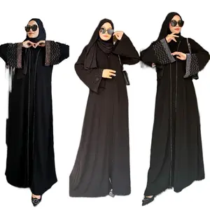 Abaya Hitam Gamis Wanita Turkey Muslim Murah Terbaru Jalabiah swarosky Riskia Silver Black and Gold Kombinasi Motif Arab Turki Dress Bordir Maxi Umroh
