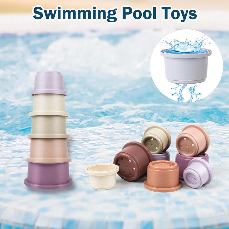 Random Color Stacking Cup Toy, 8 Counts/set Hollow Out Design Counting Toy, Outdoor Water Toy, Creative Birthday and Holiday Gift Options 4