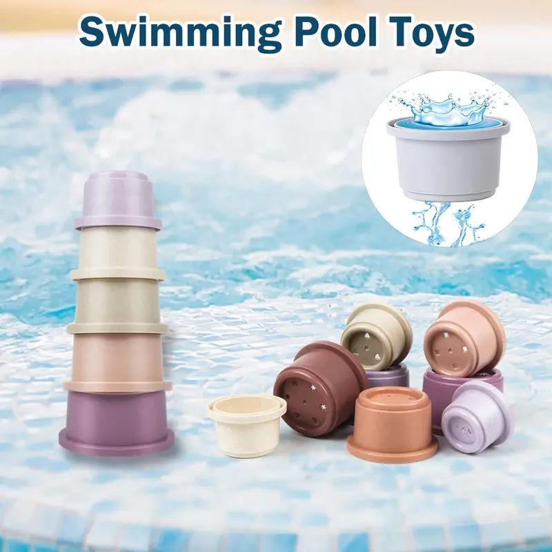 Random Color Stacking Cup Toy, 8 Counts/set Hollow Out Design Counting Toy, Outdoor Water Toy, Creative Birthday and Holiday Gift Options 4