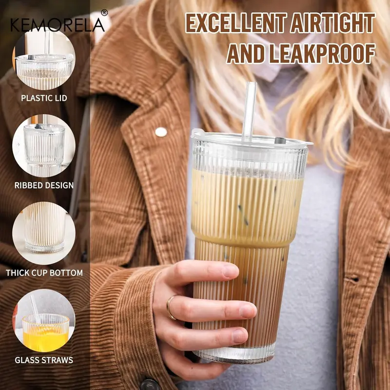 20oz Glass Cup with Lid & Straw, 1/2 Counts/set Glass Tumbler with Straw & Lid, Vintage Glassware for Whiskey Cocktail Beer Iced Coffee, Kitchenware, Drinkware, Summer Cool Bottle, Drinking Glassware 3