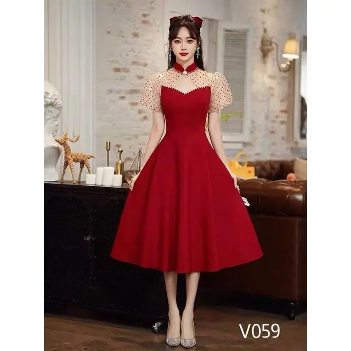 Váy đầm thời trang nữ sang chảnh dự tiệc chất nhung cổ tròn tay ngắn phối voan bi dáng xòe maxi tạo điểm nhấn dễ thương 3