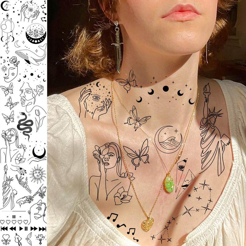 Mixed Style Abstract Line Art Temporary Tattoo Sticker, Moon Butterfly Sun Heart Snake Pattern Fake Tattoo Sticker, Body Art Decoration Sticker For Women Men Adults 7