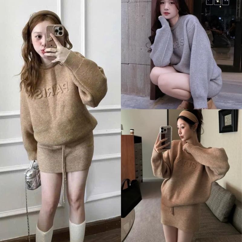 [ Hàng QCCC L1 ] Set Áo Len Pariss Dài Tay Cổ Tròn Form Rộng Mix Chữ Dập Nổi Dày Dặn Phối Chân Váy A Dáng Ngắn Trẻ Trung Cá Tính Diện Phố Lễ Tết Women Top By BA68