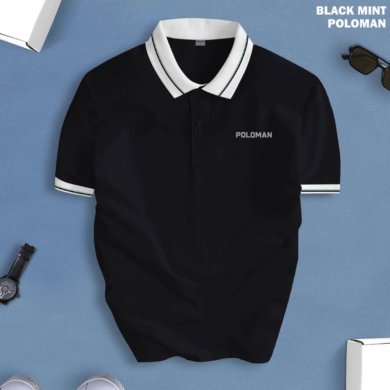 Áo thun Nam Polo POLOMAN PHỐI CỔ nam tính chất vải cá sấu co giãn 4 chiều cao cấp Menswear Shirt Ngắn Tay Có Cổ đen phối vàng thường