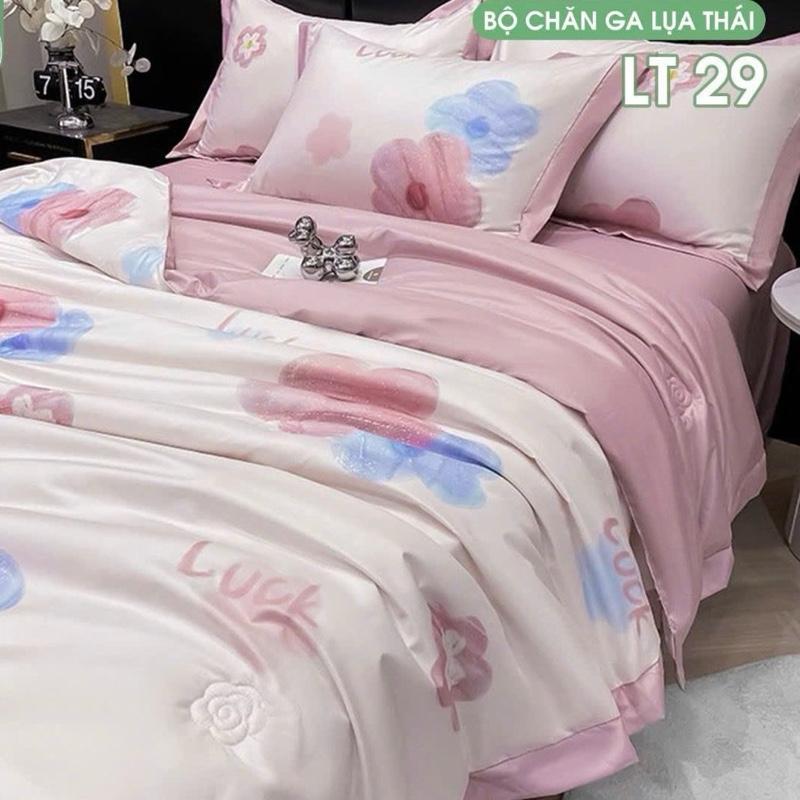 Bộ chăn ga gối lụa thái 4 món nhập khẩu cao cấp, Drap chăn hè chất liệu lụa thái mềm mịn thoáng mát, chăn mền đã có ruột