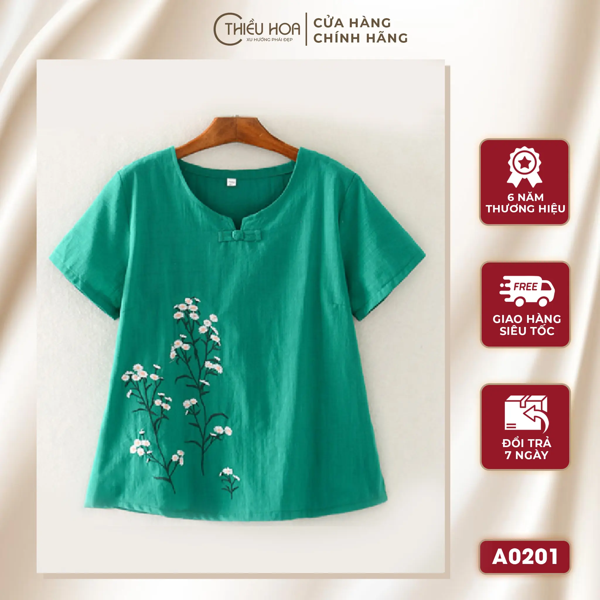 Áo Linen thêu Nữ Trung Niên Dáng suông Thanh Lịch, Trang Nhã cho mẹ thương hiệu Thiều Hoa A0201 Top Women