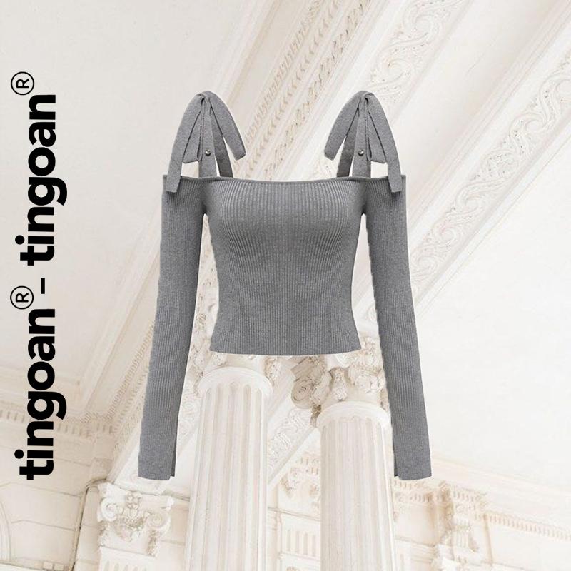  TINGOAN TTS - Áo trễ vai len xù buộc dây nơ vai cổ tay sẻ xám BABY DOLL GR 