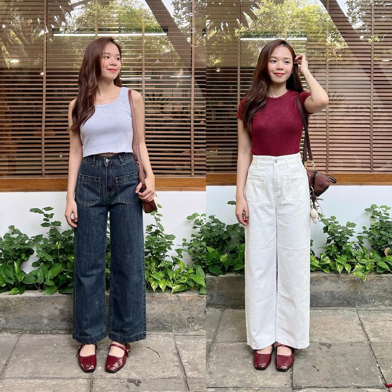 [Hàng Cao Cấp] Quần Jean Suông Túi Vuông Túi Trước LEDA Quần Bò Ống Suông Nữ Xanh Đậm, Quần Suông Trắng, Quần Ống Rộng Nấm Lùn