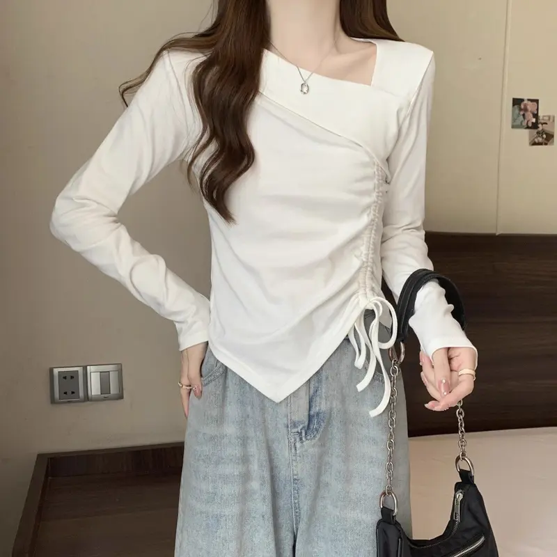 Áo Thun Dài Tay Thiết Kế Mùa Xuân Ngoại Cỡ Phong Cách Sang Trọng Bất Đối Xứng Dành Cho Nữ, Với Lớp Nền Dây Rút, Thích Hợp Cho Cô Gái Đầy Đặn, Áo Dễ Phối Đồ 5