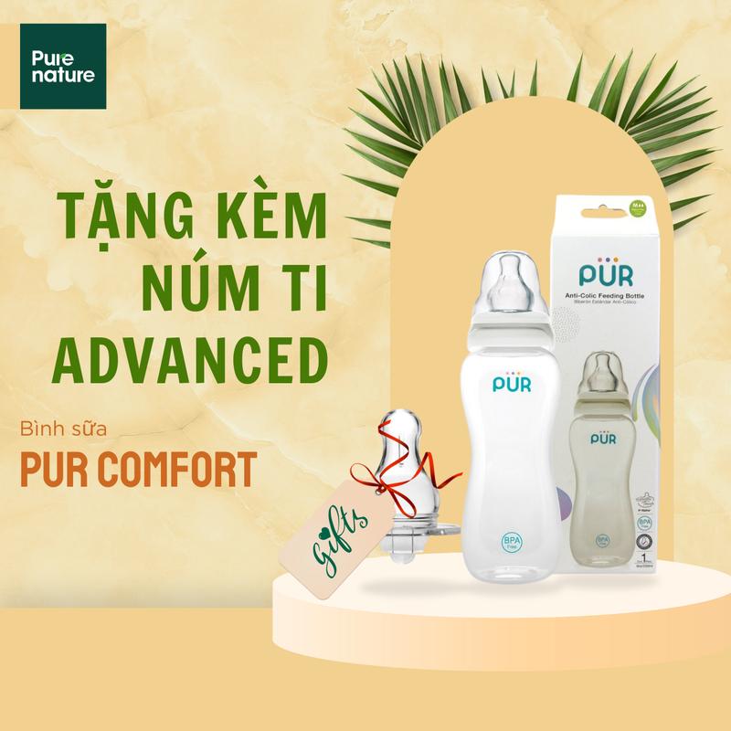 Bình sữa Pur Comfort cổ hẹp (Kèm núm Advanced sz tự chọn)  (1601 - 1602 -1603) Cho Bé Silicone Kem