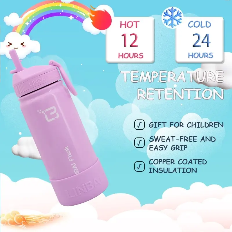 LINBAI Flask 16oz Kids Water Bottle with Straw Tumbler Hot and Cold Silicon Boot Flip Sip Coffee Cup 6