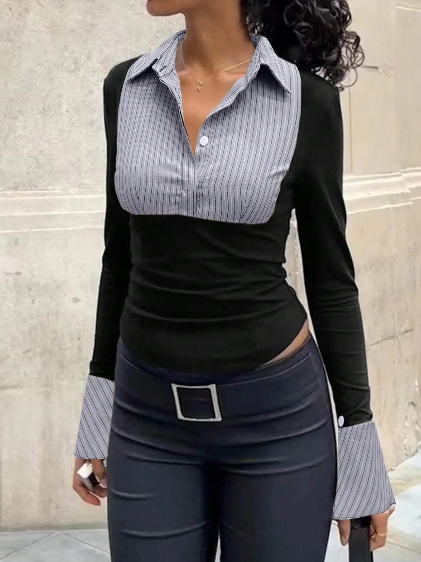 Women's Striped Print Blouse, Casual Elegant Long Sleeve Top for Spring & Fall, Women's Clothing for Daily Wear