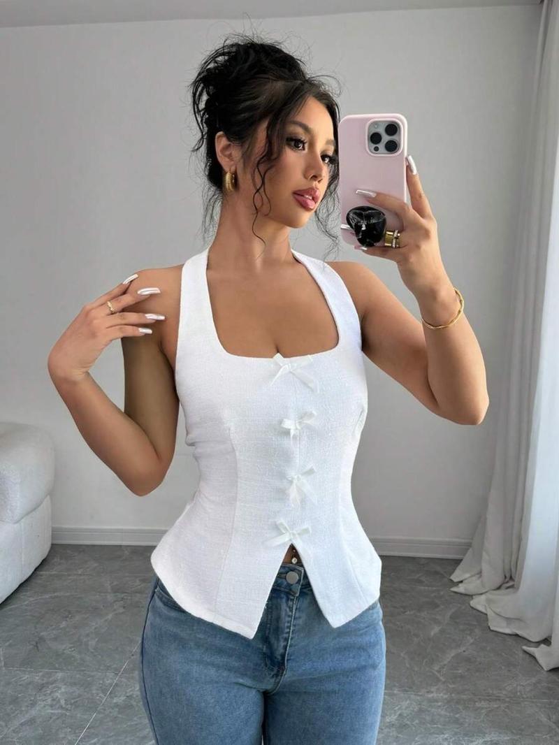 Product Introduction of Women's Plain Bow Decor Tank Top, Casual Sleeveless Crop Top for Summer, Women's Clothing for Daily Wear 3