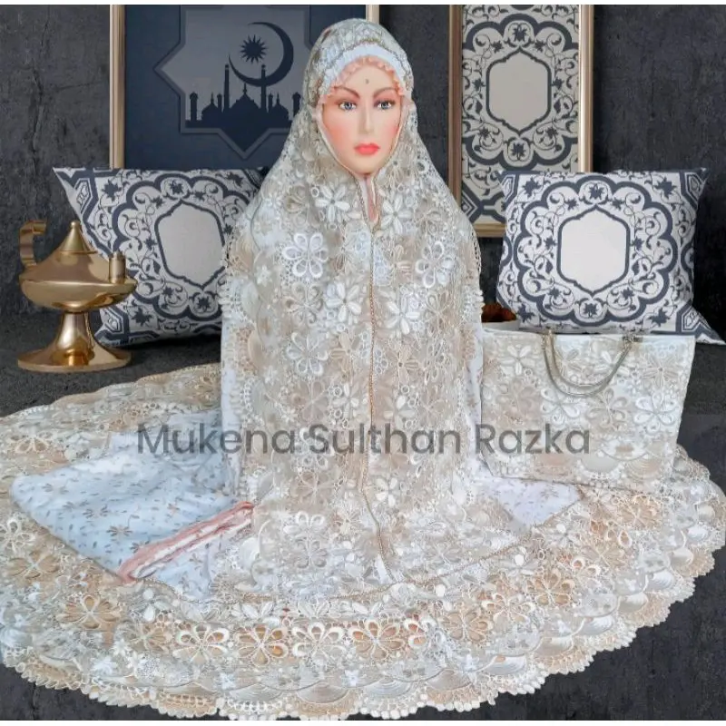 Mukenah Sutra Prada Mukena Dewasa Motif Bordir Mewah Bahan Adem Telekung Jumbo Jilbab Putih Premium Fashion Wanita Alat Sholat Terbaru Terlaris 2023 2024 Bunga 2
