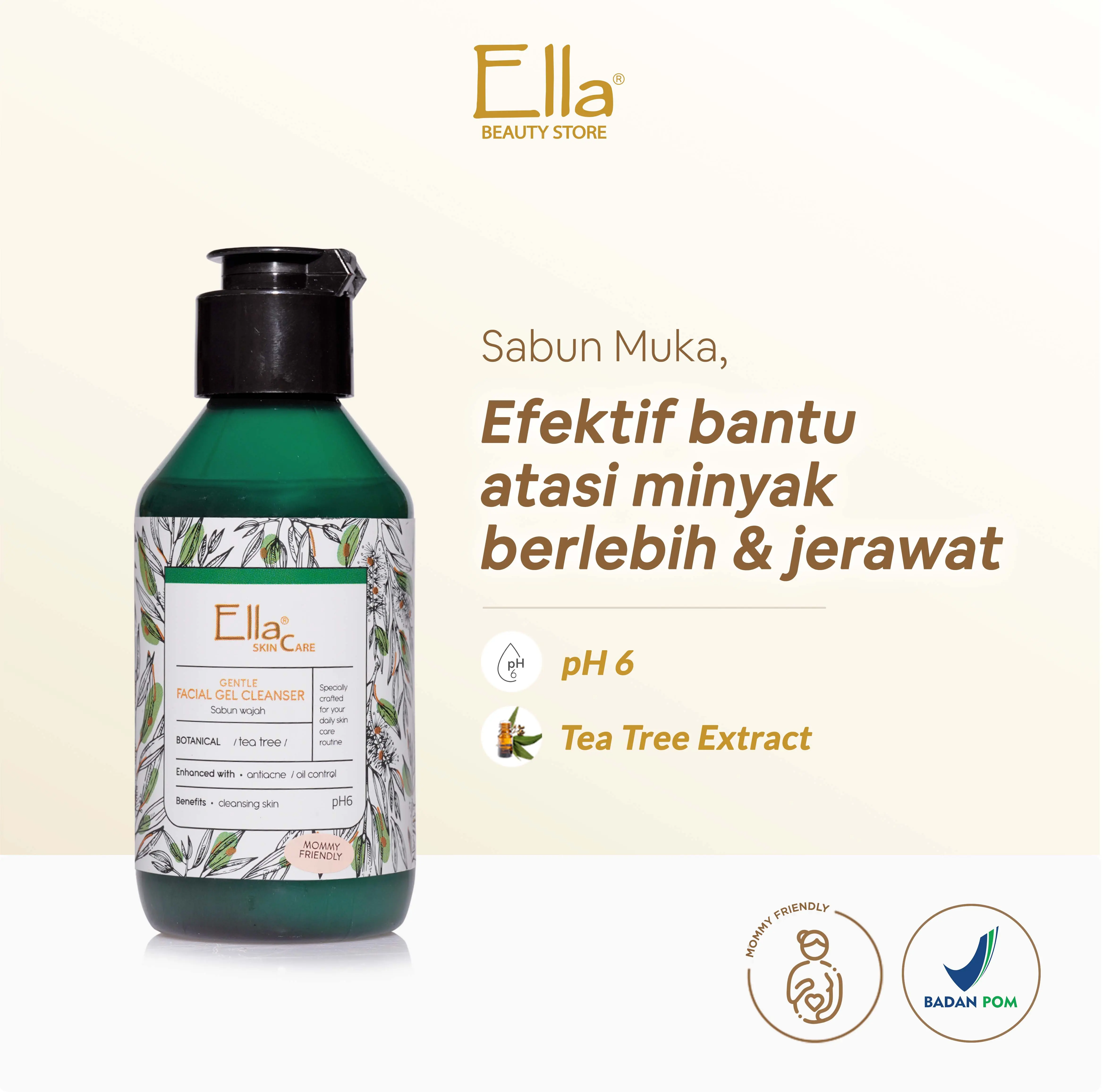 Ella Skincare Gentle Facial Gel Cleanser Botanical Tea Tree with pH6 & Tea Tree Extract - sebagai Oil Control Antiseptik, Anti Bakteri & Anti Inflamasi