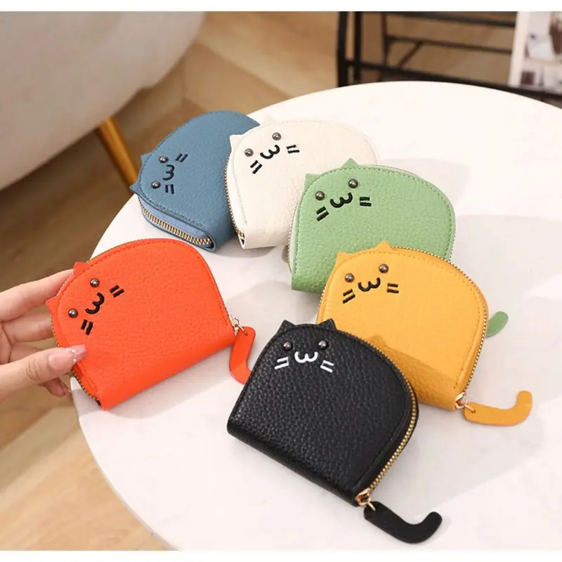 Ví Đựng Thẻ Mini, Thiết Kế Hình Mèo Hoạt Hình Dễ Thương, Da PU Siêu Mỏng, Có Khóa Kéo, Thích Hợp Cho Phụ Nữ Và Trẻ Em Gái, Chủ Thẻ 1
