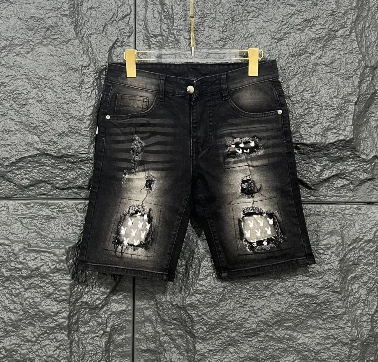 Quần short nam đen rách vá gối thỏ cực chất mẫu mới co giãn tốt shop Menswear Pants