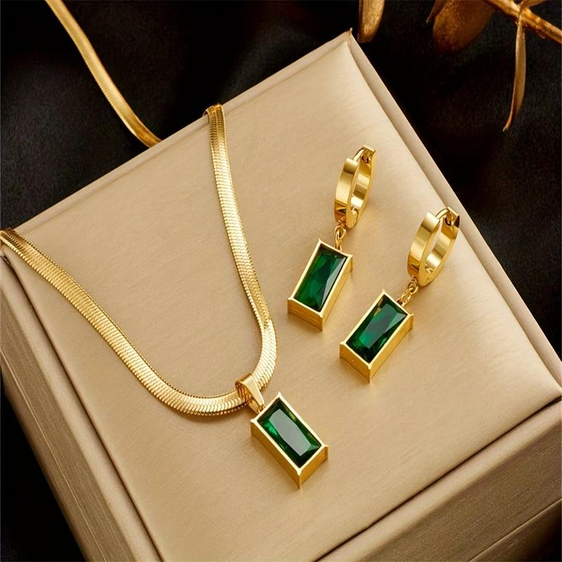 3 piece elegant minimalist necklace and earrings set, gold tone snake chain rectangular emerald green cubic zirconia pendant and hoop earrings 0