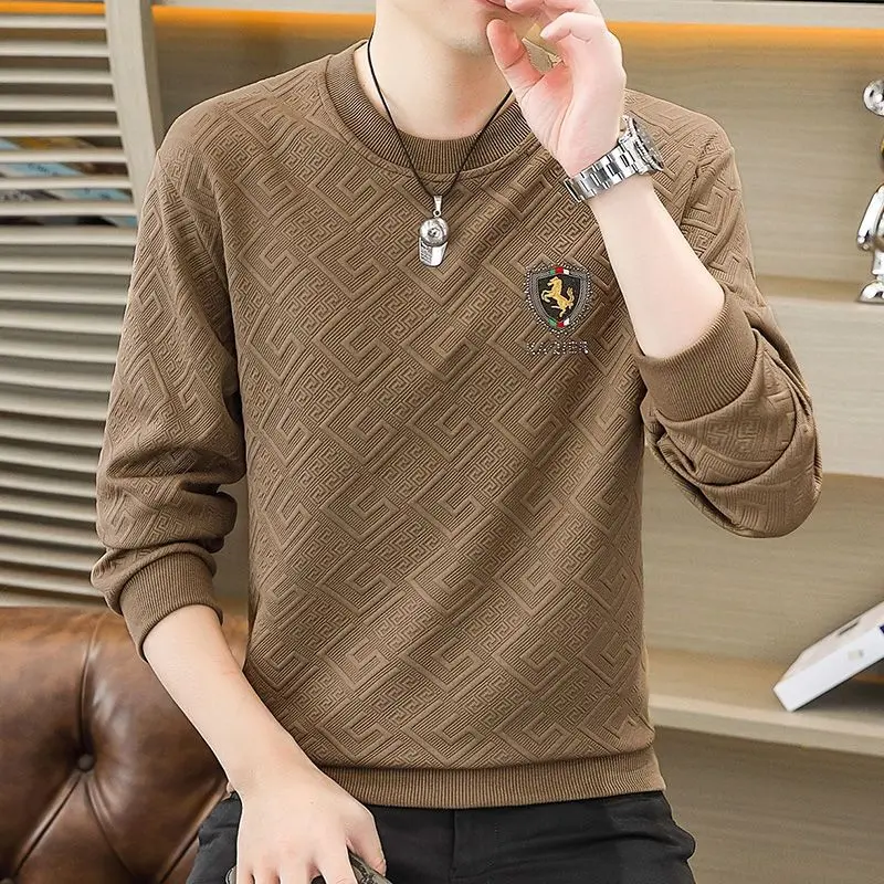 Áo Len Nam, Cao Cấp, Jacquard Dài Tay, Thời Trang Mới Mùa Xuân Và Mùa Thu 2024, Áo Lớp Nền Cổ Tròn, Quần Áo Hàng Đầu, Dành Cho Nam