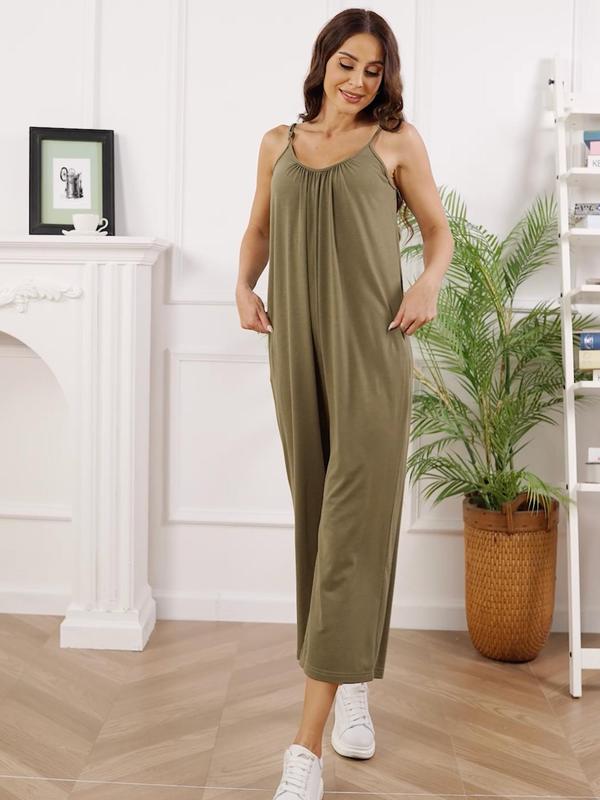 Women's Summer Adjustable Strap Sleeveless Wide Leg Jumpsuit with Pockets, Casual Solid Loose Cami Jumpsuit, Summer Outfits 2024, Jumpsuit for Women, Underwear & Womenswear, Overalls Clothes, Dungarees 3