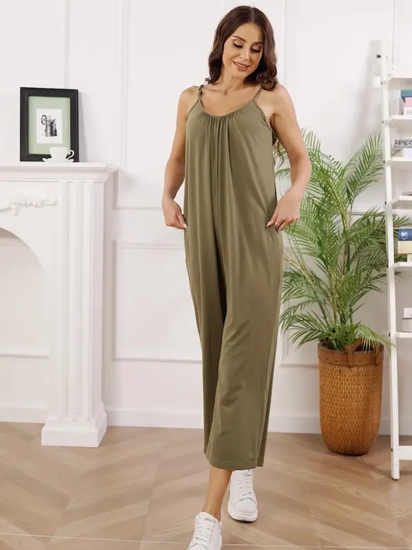 Women's Summer Adjustable Strap Sleeveless Wide Leg Jumpsuit with Pockets, Casual Solid Loose Cami Jumpsuit, Summer Outfits 2024, Jumpsuit for Women, Underwear & Womenswear, Overalls Clothes, Dungarees 2