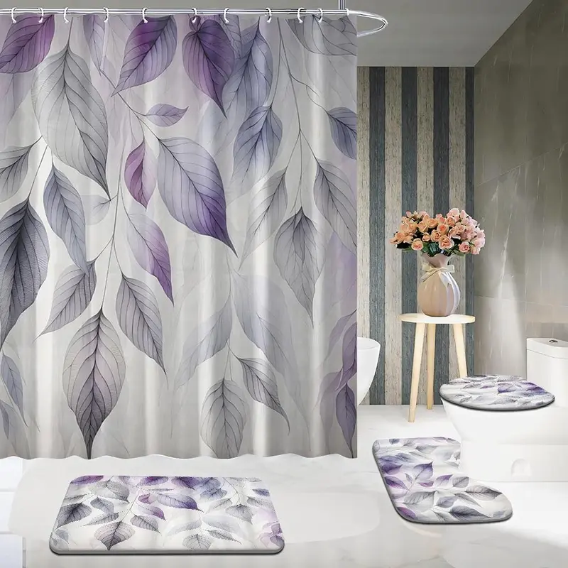 Leaf Print Shower Curtain Set, 1 Shower Curtain with 12 Hooks, 1 Toilet Lid Cover, 1 Rectangular Mat, 1 U-shaped Mat, Bathroom Decor Supplies 2