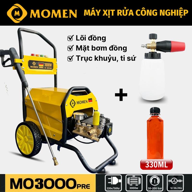  Combo Máy Rửa Xe Công Nghiệp Momen 3000 Chuyên Dùng Tiệm Rửa Xe - Khung Bánh Xe Lớn - Kèm 4 Béc Phun - Lõi Đồng -  Mặt Bơm Đồng - MO3000pre+ Bình Tạo Bọt Tuyết Chuyên Dụng 1L 