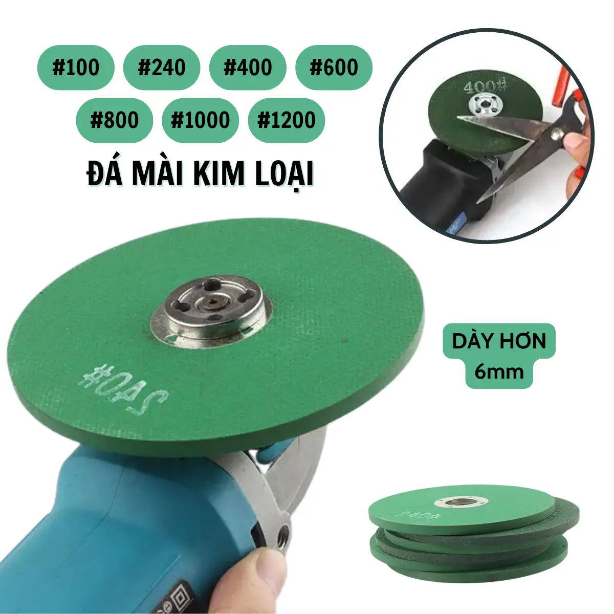 Đá mài dao kéo, mài kim loại dày 6mm gắn máy mài góc, máy cắt cầm tay