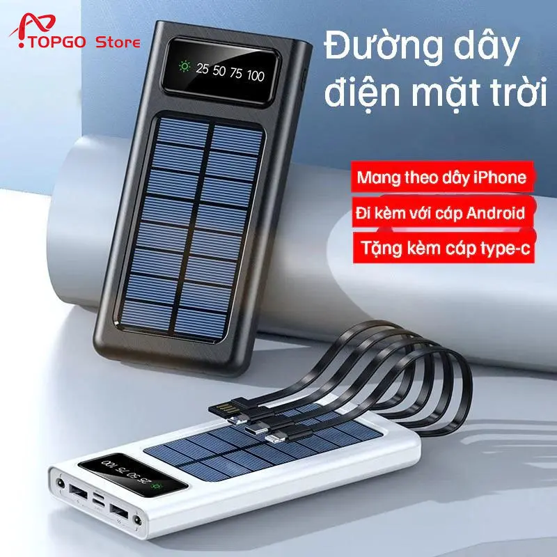 Sạc dự phòng  100000mah năng lượng mặt trời dung lượng lớn Kèm 4 Cáp Sạc Với sạc năng lượng mặt trời Với đèn LEDSạc đa thiết bị, khẩn cấp ngoài trời, nhẹ và di động