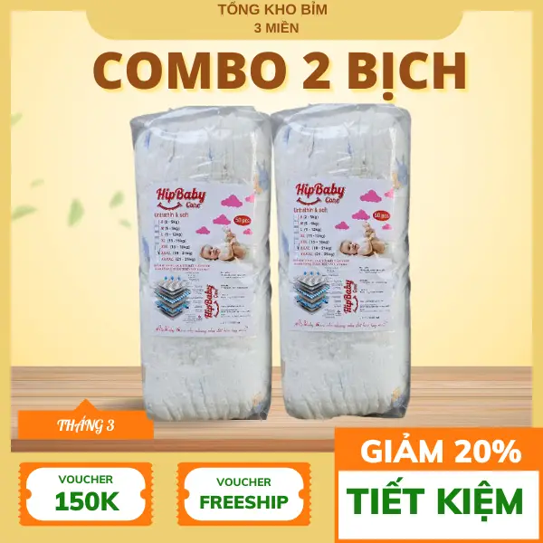 [Miễn Ship] Combo 2 Bịch 100 Miếng Bỉm Quần/Tã Dán Hipbaby Care Cho Bé Bỉm Mềm Mỏng, Hút 500Ml Nước, Đủ Size M Đến 3Xl
