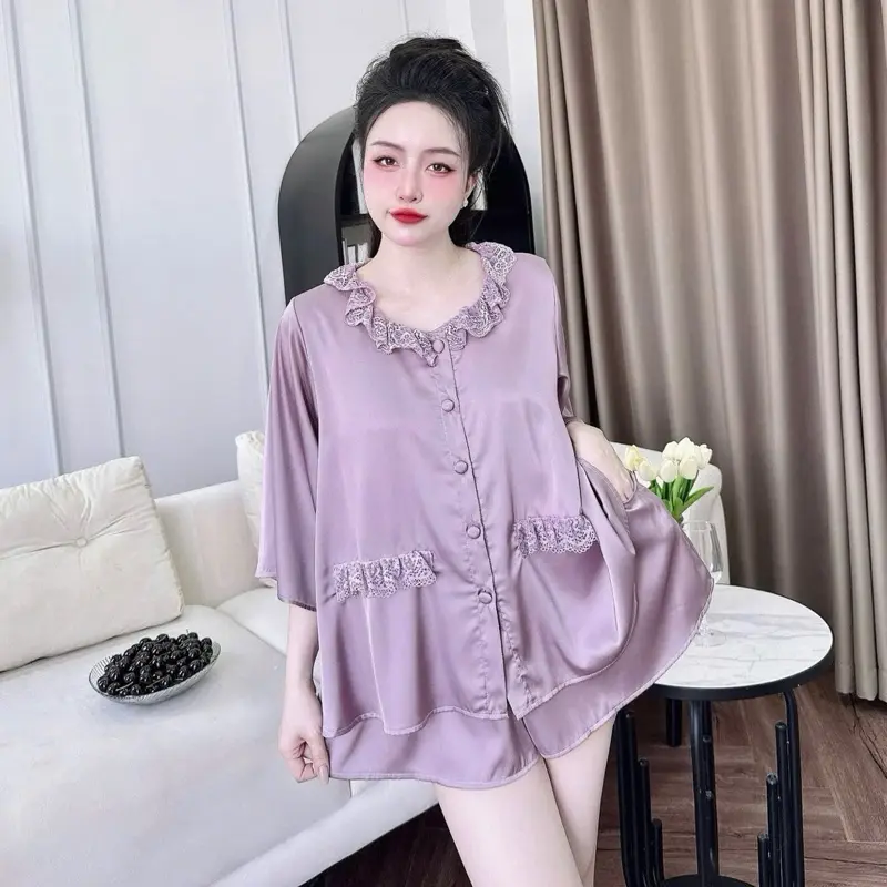 Set Đồ Ngủ Lụa Latin Tay Loe Viền Cổ Phối Ren , Quần Đùi Có Túi (45-75kg) Women 6