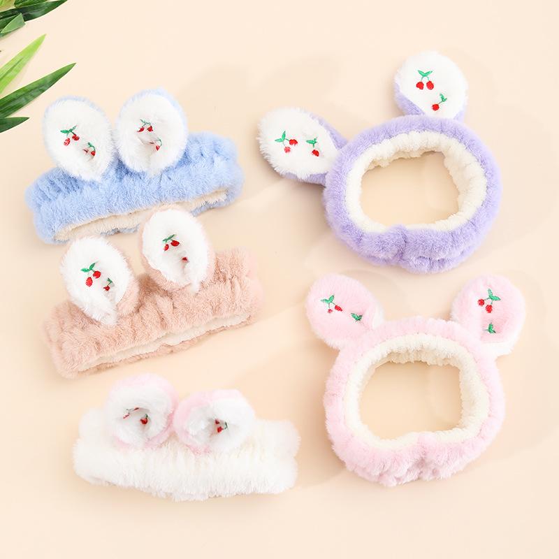 Product Introduction of Autumn and Winter New Rabbit Plush Embroidery Cherry Color Matching Hair Band Coral Velvet Cute Cartoon Face Wash Makeup Application 0