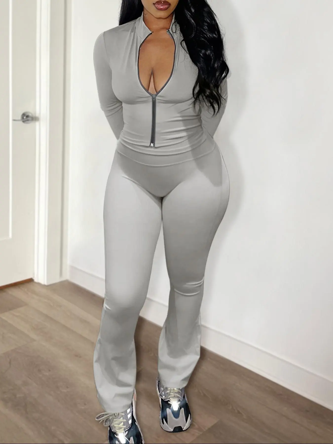 Women's Solid Zip Up Top & Skinny Pants Two-piece Set, Casual Fashion Cozy Breathable Two Piece for Daily Outdoor Wear, Women Clothes for Spring Fall, Tall Clothing Women