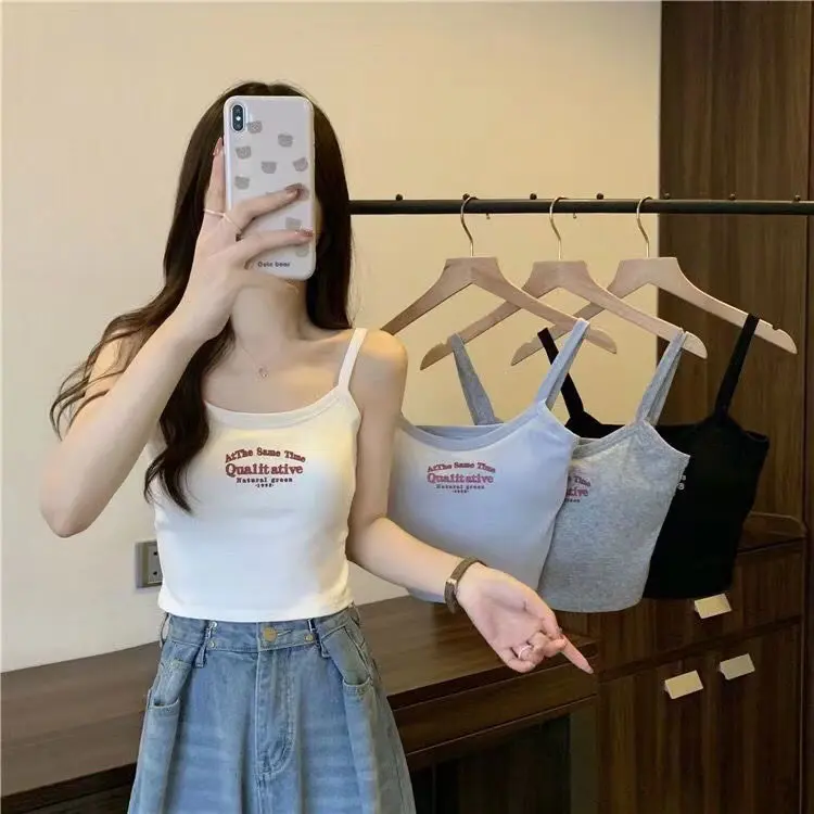 Cotton Girl Sling Vest Letter Women with Chest Pad Printing outside Sports Slim Hot Girl Short Bottoming Top