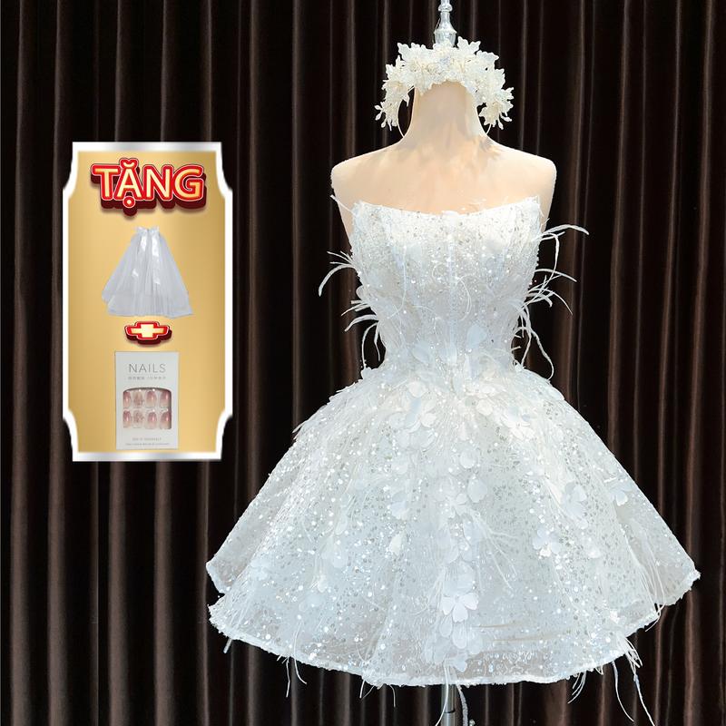 váy cưới cô dâu ngắn cúp ngang gối  MIDI cho Nữ mặc tiệc mặc đi bàn áo thiết kế Bling lông vũ dáng xòe trên đầu gối - Nữ [Tặng voan + Bộ Nail]  253