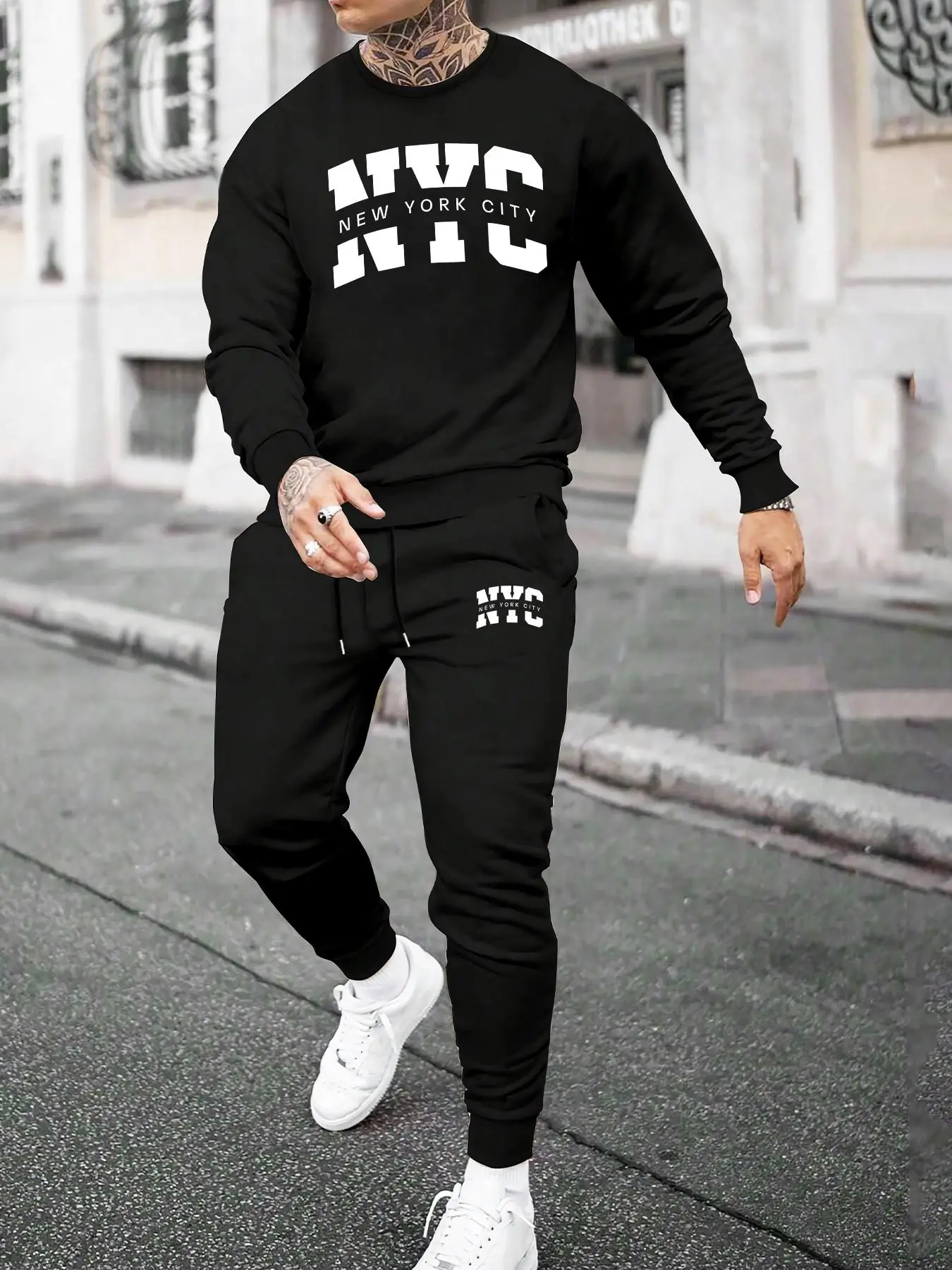 Men's Letter Print Sweatshirt & Drawstring Waist Sweatpants Set, Regular Fit Casual Round Neck Long Sleeve Pullover & Pocket Jogger Pants, Men's Fall & Winter Clothes