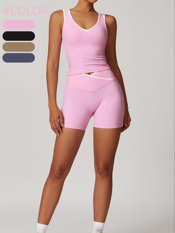 Two-piece Set Women's Solid Color Contrast Trim Sportswear Set, High Stretch Sporty Comfortable Breathable Backless Tank Top & High Waist V-shaped Waist Skinny Shorts for Yoga Gym Workout Running, Ladies Summer Sportswear,  Co-ord Sets for Women 3