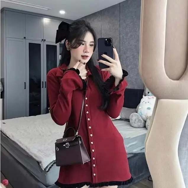 Váy Len Bèo Cúc K11 Đầm Xuông Dáng Lửng