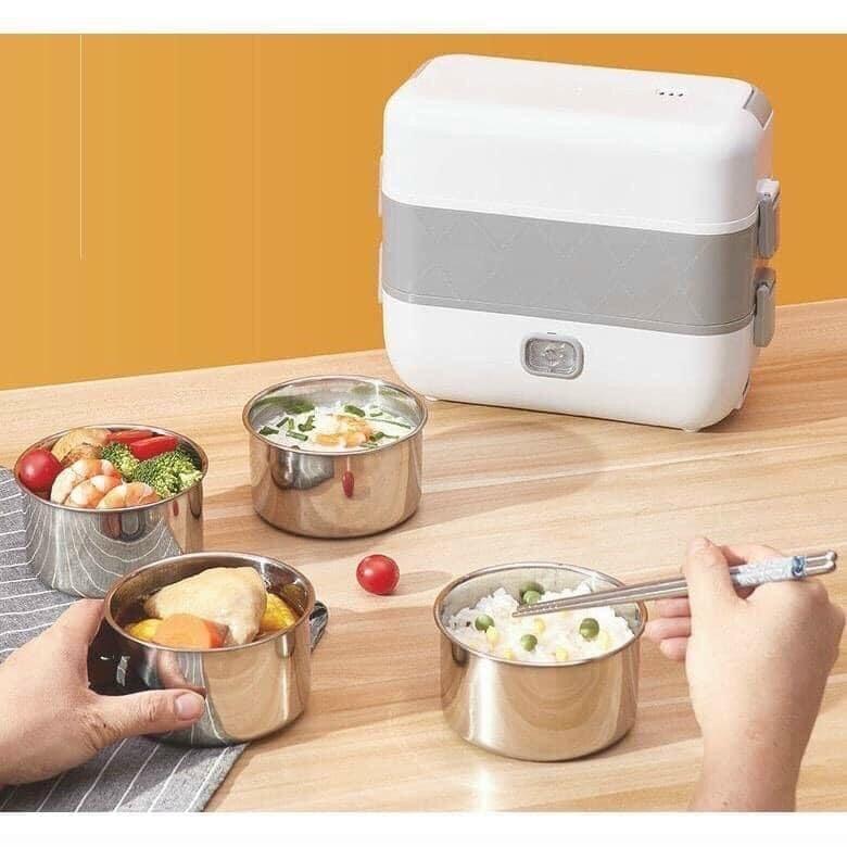 Hộp Cơm Cắm Điện 2 Tầng 4 Ngăn , Hộp Cơm Văn Phòng Nấu Cơm, Hâm Cơm Mang Đi Làm Inox