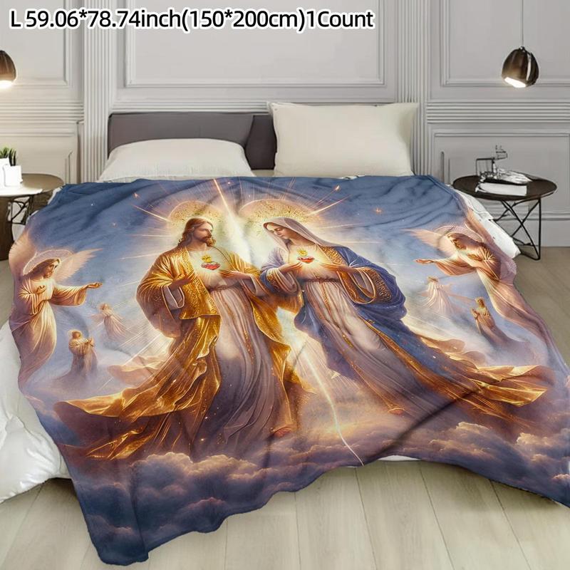 Product Introduction of Jesus & Mary Pattern Blanket, 1 Count Warm & Lightweight Throw Blanket, Soft Blanket for Bed, Sofa, Office, Camping & Travel 7