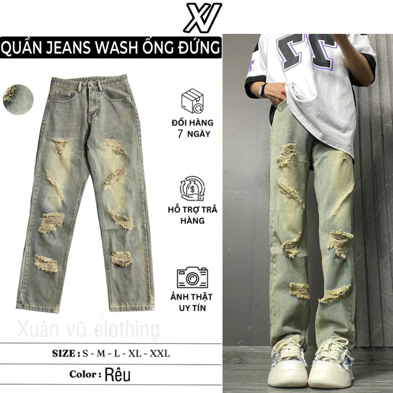 quần suông ống rộng jean màu bụi rách Menswear Nam Ong Pants Có Túi Loang Đen regular  fit jeans