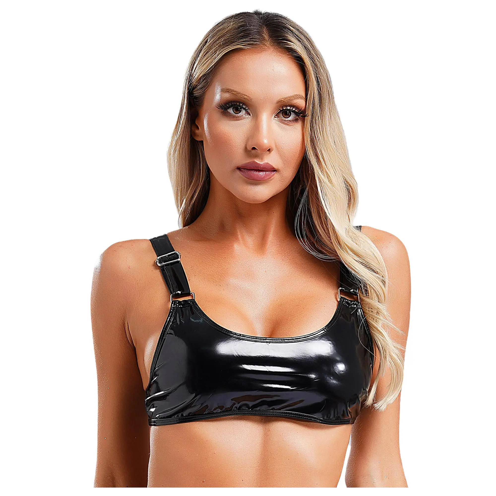 iiniim  Womens Wet Look Faux Leather Bra Top Metal Buckle Adjustable Strap Pad-free Wireless Bralette Crop Top Sexy Clubwear