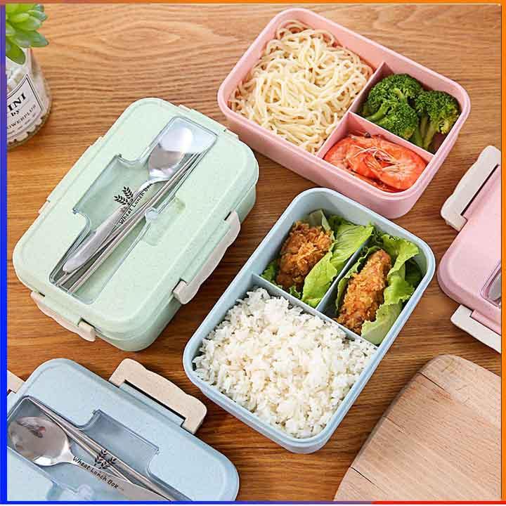 Hộp cơm giữ nhiệt văn phòng 3 ngăn kèm bộ thìa đũa inox, chịu nhiệt lò vi sóng