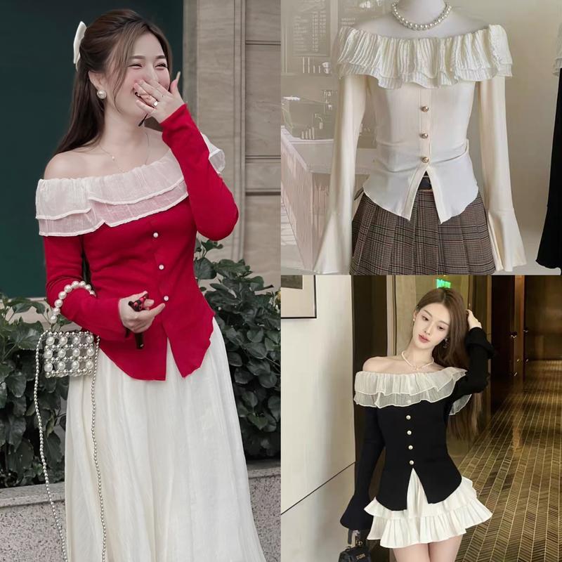 Áo Thun Tăm Trễ Vai Noel Bigsize 50 - 100Kg Dễ Thương Top Nữ Women Đỏ Cổ Tròn - B.1227