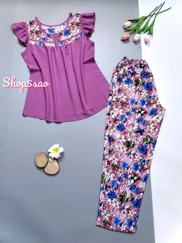 Bộ lanh mặc nhà, đồ bộ tole nữ SHOP5SAO phối màu cao cấp,quần dài (58-75kg) Women Đồ mặc nhà 5