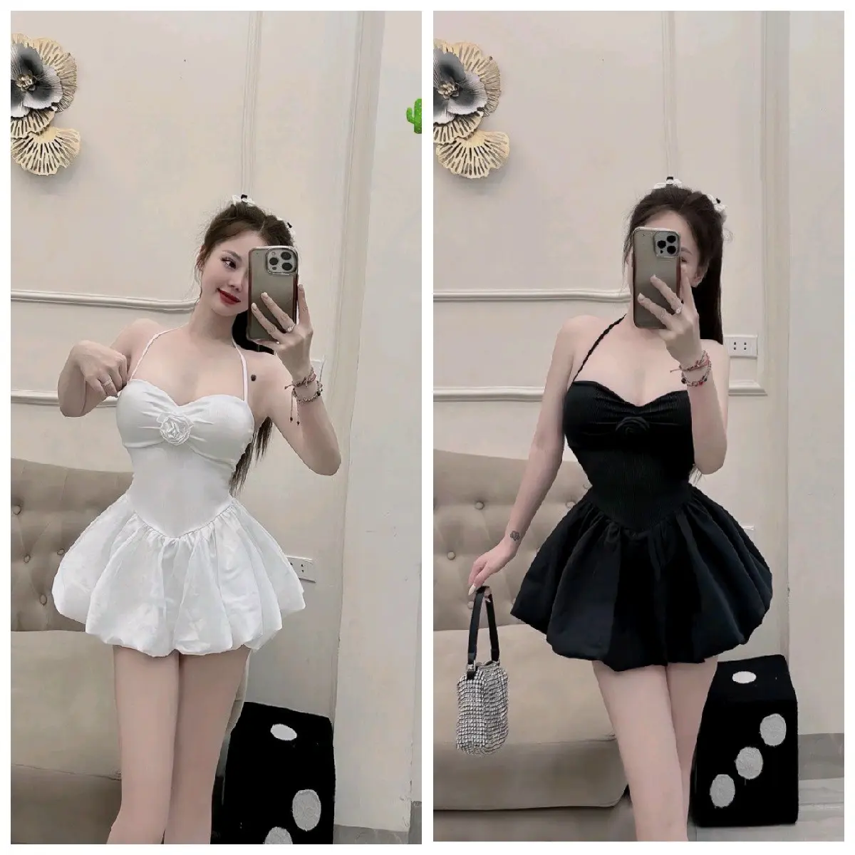 Đầm 2 dây cổ yếm đính hoa dáng bí phồng phong cách đơn giản dễ thương Dress