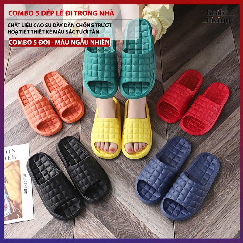 Combo 5 Dép Đi Trong Nhà Kẻ Ô Vuông Dép Mang Trong Nhà Tắm, Văn Phòng Chống Trượt Giá Rẻ Quai Ngang Đế Bằng Slipper DéP