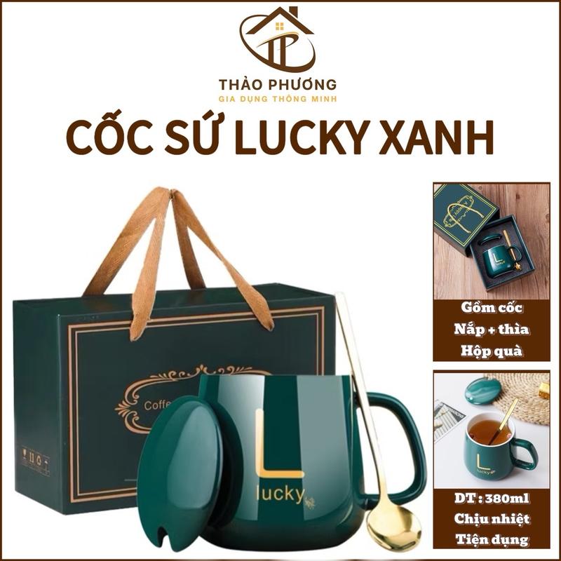 Cốc Sứ Lucky Xanh,Dung Tích 400ml Kèm Hộp Đựng và Thìa Vàng Sang Trọng,Cốc Lucky Pha Cafe Sữa,Trà Tiện Dụng đổi màu theo nhiệt độ biến ly gấu magic mug lyuong nuoc hoa