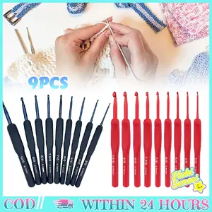Hakpen Crochet Aluminium Ringan 9 Buah Handle TPR PP Nyaman Pegang Tidak Lelah Amigurumi Kerajinan