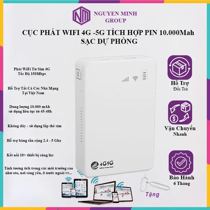 TP10000 - Bộ Phát WiFi 4G Từ SIM, Tích Hợp Sạc Dự Phòng 10000mAh, Bộ phát WiFi di động 4G/5G, Sạc dự phòng - 10000mAh,  WiFi 4G LTE 150Mbps, Cục phát WiFi từ SIM 4G/5G, Thiết bị phát WiFi đa năng, WiFi 4G/5G cầm tay 0
